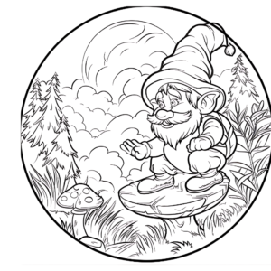 Gnome in a circle looking at mushrooms. coloring page